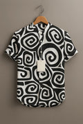 Men's Black & White Abstract Spiral Printed Mandarin Collar Half Sleeve Casual Shirt