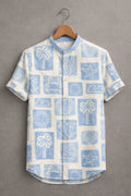 Men's Premium Sky Blue Tropical Print Mandarin Collar Half Sleeve Shirt